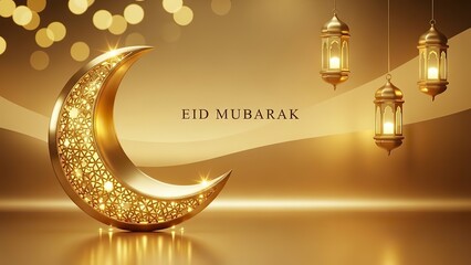 Golden Eid Mubarak Crescent Moon and Lanterns Festive Greeting Background.