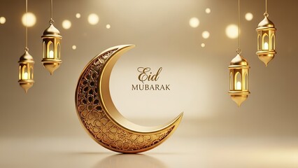 Golden Eid Mubarak Crescent Moon and Lanterns with Bokeh Lights.