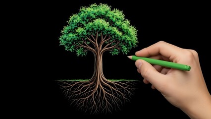 Illustration of a hand drawing a lush green tree with strong roots on a black background