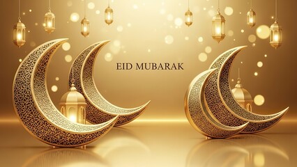 Golden Eid Mubarak Crescent Moons and Lanterns Festive Background.