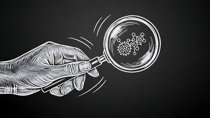 Magnifying glass over a digital network diagram on a chalkboard background