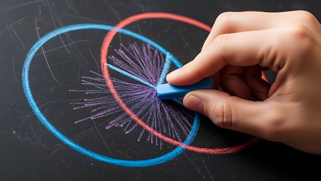 Hand erasing data visualization from Venn diagram on a chalkboard with chalk dust - Powered by Adobe