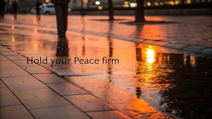 Wet street reflecting warm orange light at night with a quote