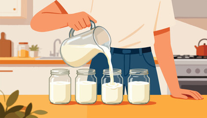 Person pouring milk from pitcher into four glass jars on kitchen counter