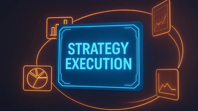Strategy execution concept glowing neon text business chart graph planning growth performance digital analysis management project implementation futuristic style