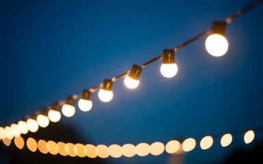Illuminated string lights against a dark blue sky