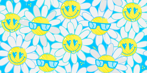 Cool Funny Abstract Graffiti Style Happy Smiling Flowers Seamless Background Template