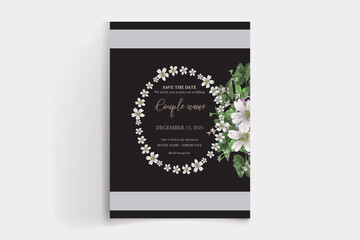 WEDDING INVITATION FRAME WITH FLOWER DECORATIONS AND FRESH LEAVES