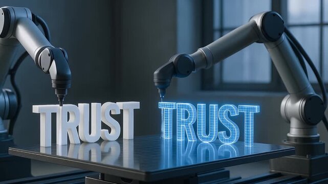 Trust concept robotic arm technology creating solid digital trust letters symbolizing innovation automation industry machine futuristic environment with 3D printing and reliable digital physical