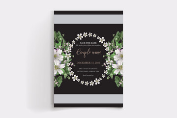 WEDDING INVITATION FRAME WITH FLOWER DECORATIONS AND FRESH LEAVES