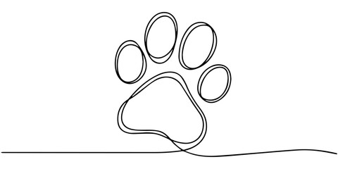 Single line drawing of a dog paw print animal paw continuous line 1, continuous line drawing of dog paw prints. abstract one line drawing of dog paw prints. one line Icon drawing with white background © Parboti