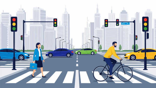 Urban street scene with traffic lights, pedestrians, cyclist, and cars crossing a busy intersection in a modern cityscape