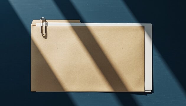 Top-down view of a manila folder with a paperclip on a dark blue surface, illuminated by strong diagonal shadows.