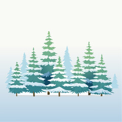 Obraz premium Winter's embrace depicted in a tranquil forest illustration, showcasing snow-covered evergreen trees under a soft, gradient sky, evoking a sense of calm and natural beauty