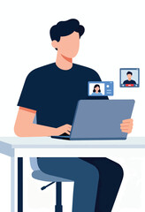 Person working on laptop, with video calls on screen