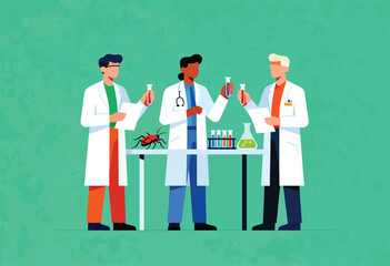 Three scientists in lab coats examine samples, a bug on a table with test tubes