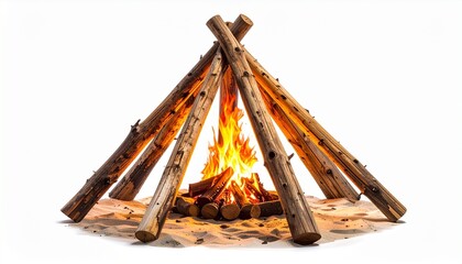 Teepee-style campfire with wooden logs arranged in a circle, bright orange and yellow flames, white background.
