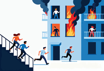 People escaping a burning building, running down stairs and out of doors