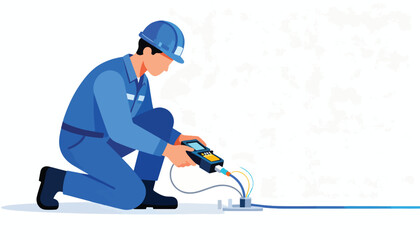 A technician in blue overalls and hard hat works on electrical cables with a device