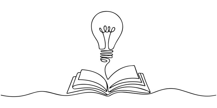 continuous one line art drawing of light blub above open book Line drawing open book with lamp idea School education concept, One line drawing of shining light bulb above open book. Minimalist