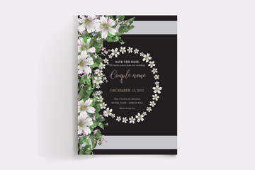 WEDDING INVITATION FRAME WITH FLOWER DECORATIONS AND FRESH LEAVES