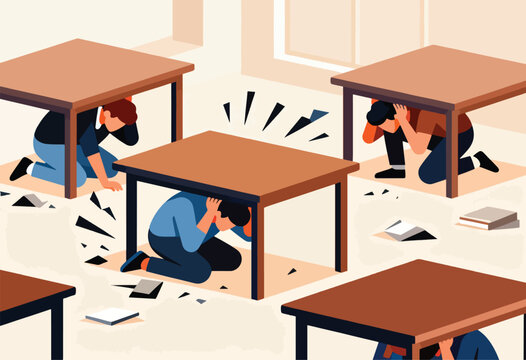 People take cover under tables during an earthquake, seeking safety