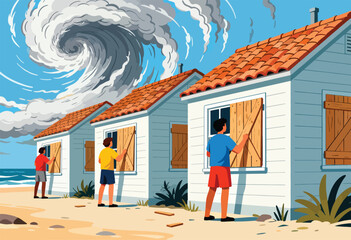 People board up windows on beach houses as a massive storm approaches