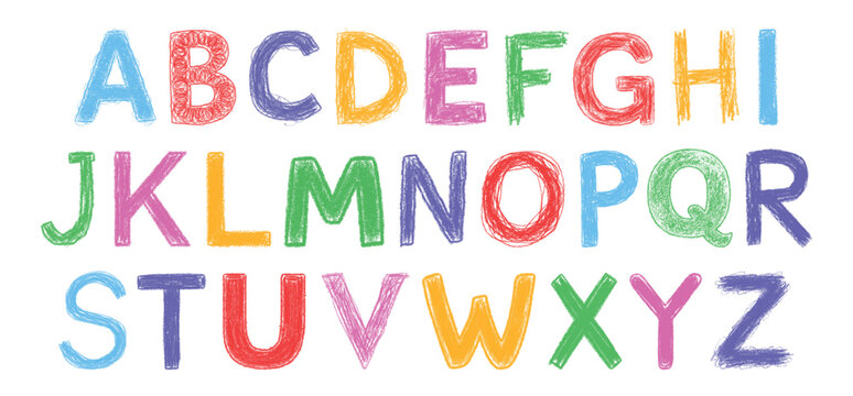 Colorful crayon-style uppercase alphabet from A to Z