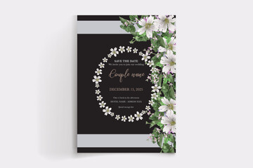 WEDDING INVITATION FRAME WITH FLOWER DECORATIONS AND FRESH LEAVES