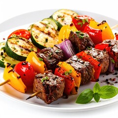 Grilled skewers of meat and vegetables