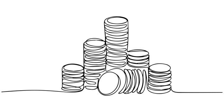 Stacks of coins penny cents. Continuous one line drawing, Stacks of coins penny cents. Continuous one line drawing. Vector illustration, Stacks of coins of different heights, 20 cents, kopecks