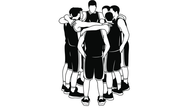 Basketball players huddle together in a team huddle.