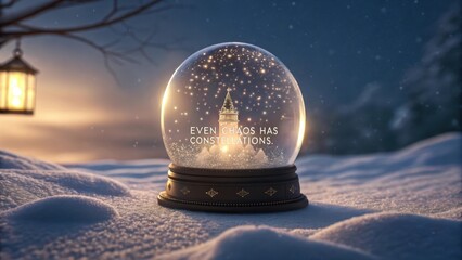 A snow globe displaying a snowy winter cityscape at night
