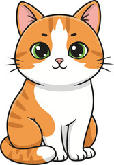Cute ginger and white cat cartoon vector illustration. Adorable sitting tabby kitten with big green eyes