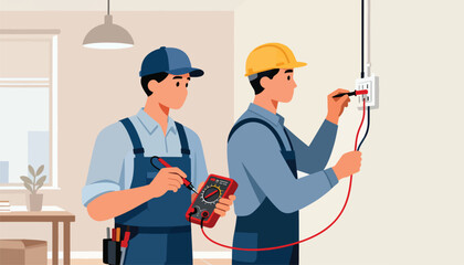 Electricians using a multimeter to check an electrical outlet