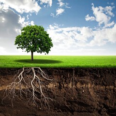 Green tree, roots, and soil,  horizon