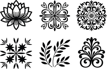 Black decorative floral and geometric motifs on white background vector illustration