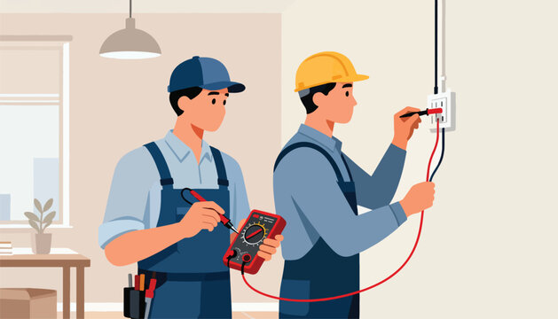 Electricians using a multimeter to check an electrical outlet