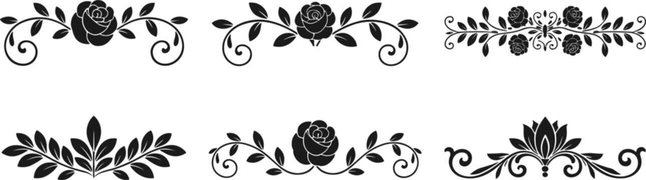 Black floral ornaments with roses and leaves on white background decorative flourish