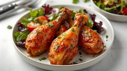 Perfectly glazed chicken drumsticks with fresh side salad served on a plate