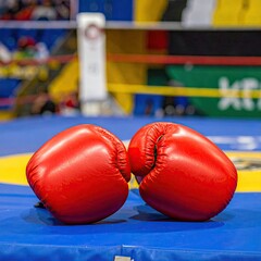 Red boxing gloves on a blue ring mat. Blurry boxing ring background