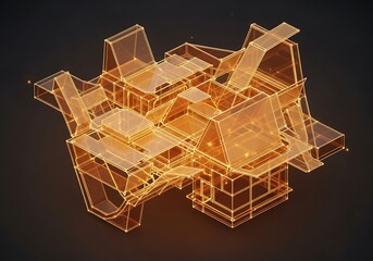 Abstract Orange Wireframe Structure on Dark Background.