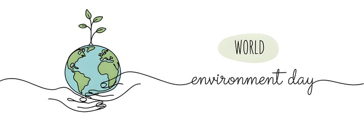 Eco friendly illustration of a hand holding the earth with a green sun