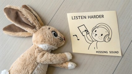 A torn plush rabbit beside a note with text and drawing