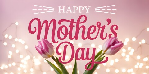 Happy mother s day greeting with pink tulips and lights