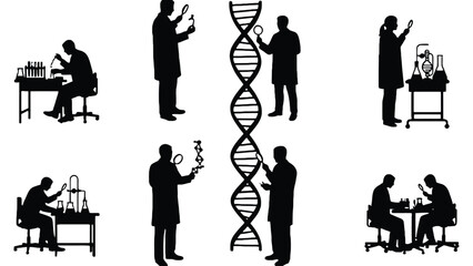 Scientists examine DNA structures and conduct experiments in a laboratory.