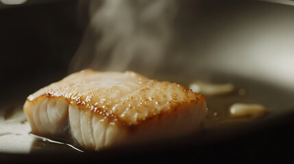 Pan-seared perfection! A delectable fish fillet sizzles in a pan with garlic, releasing tantalizing aromas. Culinary artistry at its finest. #FishDish #GourmetCooking