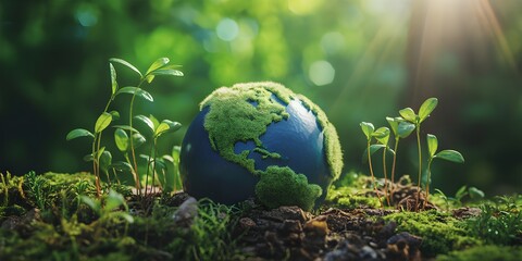 Earth globe surrounded by lush greenery and young sprouts