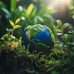Globe in a lush green environment representing earth and nature