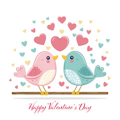 Valentine Birds with Heart Arch and Greeting Text &ndash;A cute, playful vector illustration of two cartoon birds perched on a branch beneath a colorful arch of hearts. Text is outlined. 